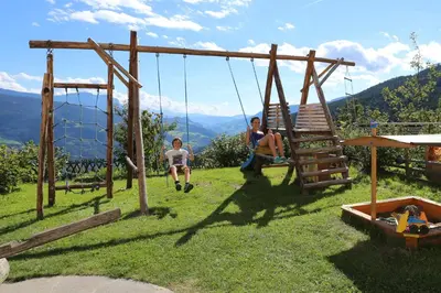 a group of people sitting on swings in the grass at Zolerhof in Feldthurns