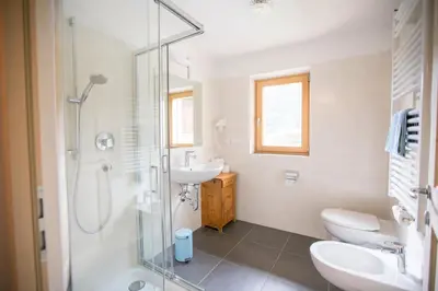 a bathroom with a sink and a toilet and a shower at Zolerhof in Feldthurns