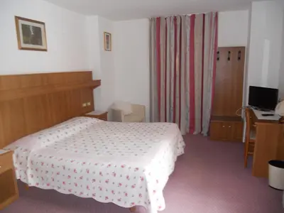 a bedroom with a bed and a desk and a television at Albergo Alpino in Arabba
