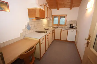 a small kitchen with wooden cabinets and a counter top at Villa Anna in Siusi