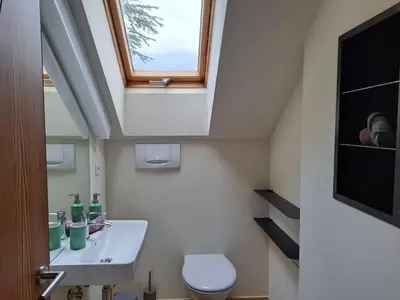 a bathroom with a sink and a toilet with a skylight at Mansarde Zeder in Privatvilla im Zentrum Merans in Merano