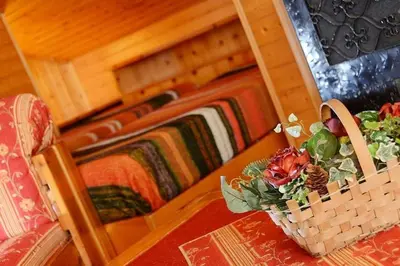 a room with a bed with blankets and a basket with a plant at Majon d'Aisciuda in Vigo di Fassa