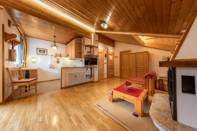 a large living room with a kitchen and a living room at Majon d'Aisciuda in Vigo di Fassa