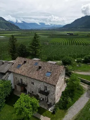an aerial view of a house in a vineyard at St. Vigilius modern historic apartments in Nalles