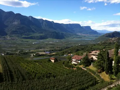 a view of a vineyard in a valley with mountains at Appartement im Grünweinhof in Montagna