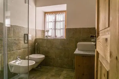 a bathroom with a toilet and a sink at B&B Ciastel in San Vigilio Di Marebbe