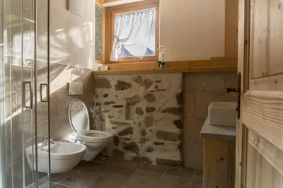 a bathroom with a toilet and a sink and a window at B&B Ciastel in San Vigilio Di Marebbe