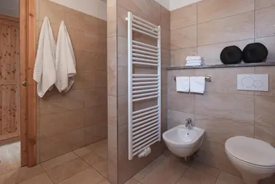 a bathroom with a toilet and a sink at Chalet Tyrolian Apartments - by Familiaris - Pools 500 meters in Valdaora
