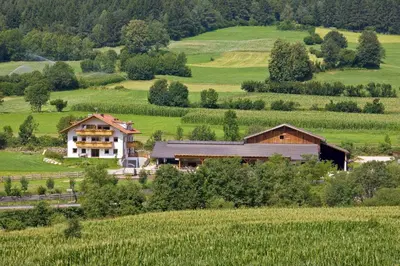 a house in the middle of a green field at Bartlmairhof in San Giorgio