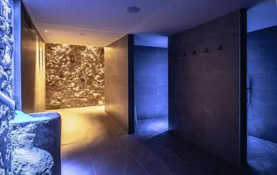 a bathroom with a shower with a stone wall at Boutique Hotel Kircher in Sarntal