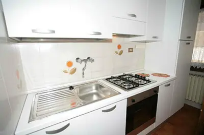 a white kitchen with a sink and a stove at Appartamenti Cercenà in Canazei