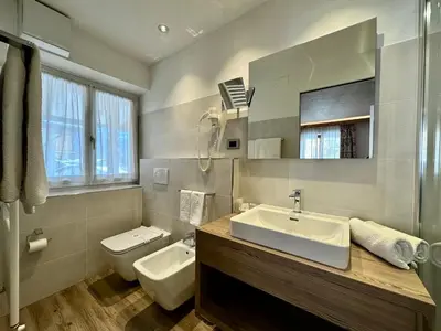 a bathroom with a sink and a toilet at B&B Cèsa Planber Mountain View SKI-IN SKI-OUT in Canazei