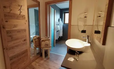 a bathroom with a white sink and a mirror at Hotel Flora Alpina in Campitello di Fassa