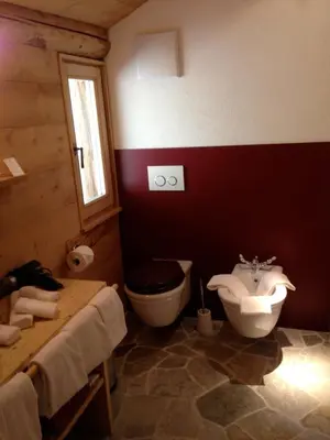 a bathroom with a toilet and a sink at Berghütte Sommerstall in Redagno