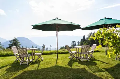 a table and chairs with an umbrella in the grass at Berghütte Sommerstall in Redagno