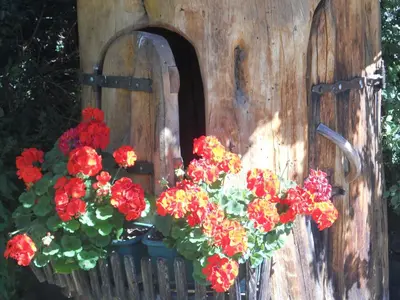 a bunch of red flowers in a wooden door at Residence Garni Manuela in Cavalese