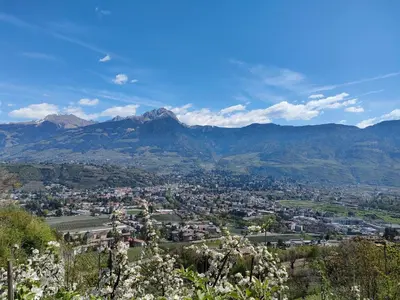 a view of a city with mountains in the background at Apartment Hagen in Merano
