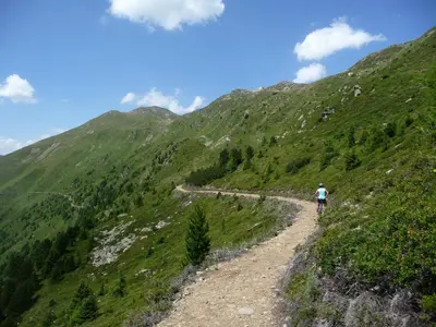 a person riding a bike on a mountain trail at Apartments Ferdigg in San Lorenzo di Sebato