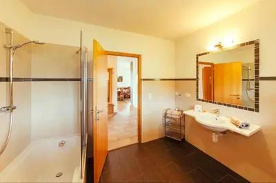 a bathroom with a sink and a shower at Apartment in Dolomites with Pool Access in Naz-Sciaves
