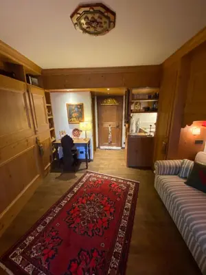 a living room with a couch and a red rug at Incantevole monolocale in centro a Cortina. in Cortina dʼAmpezzo
