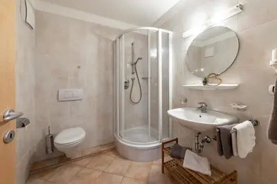 a bathroom with a shower toilet and a sink at Trinnerhof- Hof Chalets und Obsthof in Naz-Sciaves