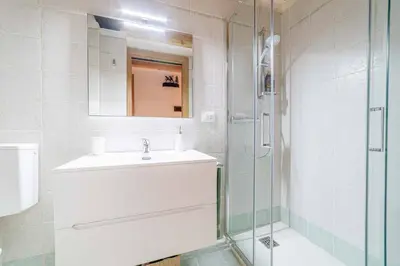 a bathroom with a sink and a glass shower at Charming Civetta in Alleghe