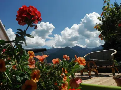 a view of the mountains from a deck with flowers at Pozza Appartamenti in Carano