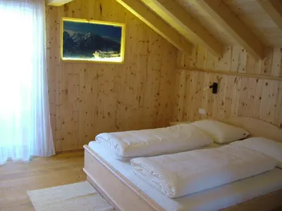 a bedroom with a bed in a wooden wall at B&B Ciasa Brüscia in San Vigilio Di Marebbe