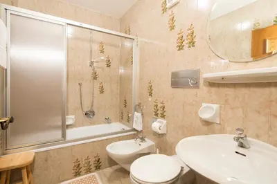 a bathroom with a toilet and a sink and a shower at Ciasa Iris in Colfosco