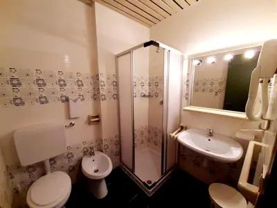 a bathroom with a shower and a toilet and a sink at Casa AQ27 sulle piste da sci in Falcade