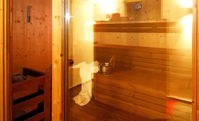 a sauna with a glass door in a room at Apparthotel Gartenresidence Nalserhof in Nalles