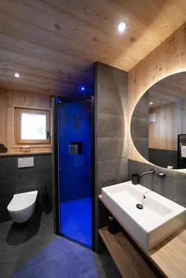 a bathroom with a sink and a toilet and a shower at Chalet Silvesterhütte in Seiser Alm