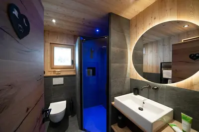 a bathroom with a sink and a toilet and a mirror at Chalet Silvesterhütte in Seiser Alm