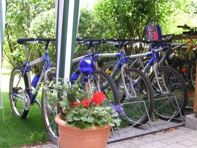 a group of bikes parked next to a pole with flowers at Hotel B&B Martha in Brunico