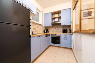 a kitchen with white cabinets and a black refrigerator at Ladurner Home in Brunico