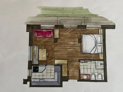 a drawing of a house on a wall at Apartments Mezdi in Santa Cristina in Val Gardena