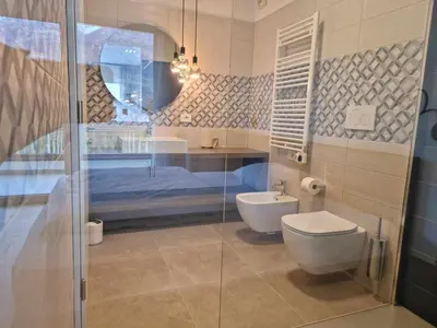 a bathroom with a shower and a toilet and a sink at Pitla Cuna - Eco Relais in Terlano