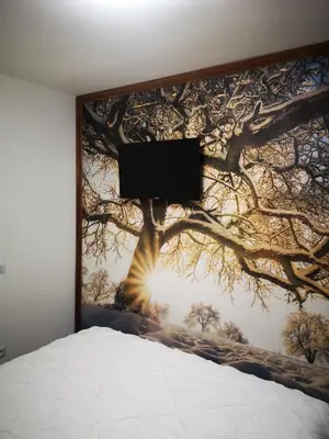 a wall mural of a tree with a tv on it at Cortina Comfort House in Cojana
