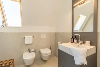 a bathroom with a sink and a toilet and a mirror at Villa Stubai - Penthouse in the heart of Merano in Merano