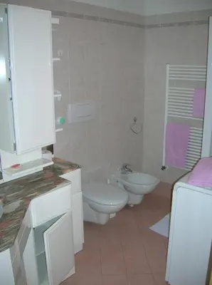 a white bathroom with a toilet and a sink at Appartamento Zorzi in Ziano di Fiemme