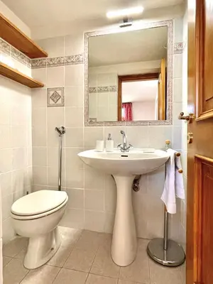a bathroom with a sink and a toilet and a mirror at El Fogher in San Vito di Cadore