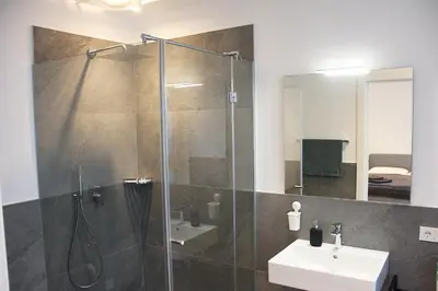 a bathroom with a shower and a sink at Laurentia Penthouse Apartment in Merano