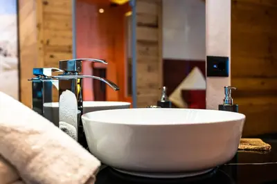 a white bowl sink on a counter in a bathroom at Orchidea Suite & SPA Apartments in Canazei