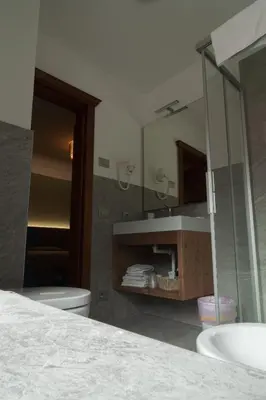 a bathroom with a sink and a toilet and a mirror at Albergo Antelao in San Vito di Cadore