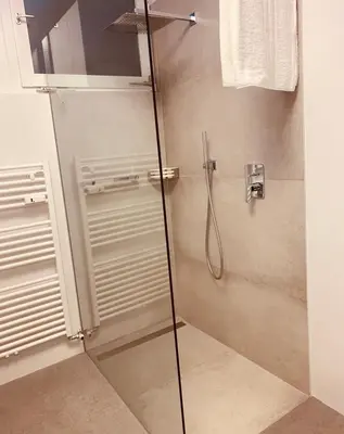 a shower with a glass door in a bathroom at Apartment Lilli mit Garagenstellplatz in Bressanone