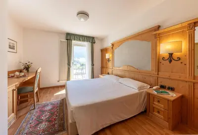 a bedroom with a bed and a desk and a window at Hotel Plank in San Martino di Castrozza