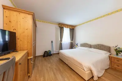 a bedroom with a bed and a flat screen tv at Hotel Plank in San Martino di Castrozza