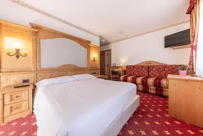 a hotel room with a bed and a couch at Hotel Plank in San Martino di Castrozza