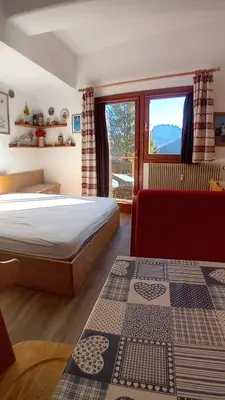a bedroom with a bed and a window with a view at Tana delle Marmotte in Falcade