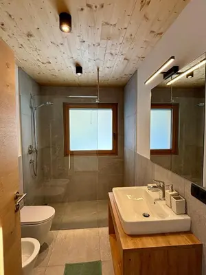 a bathroom with a sink and a shower and a toilet at Schneiderhof, Chalet, Urlaub auf dem Bauernhof in Ridanna